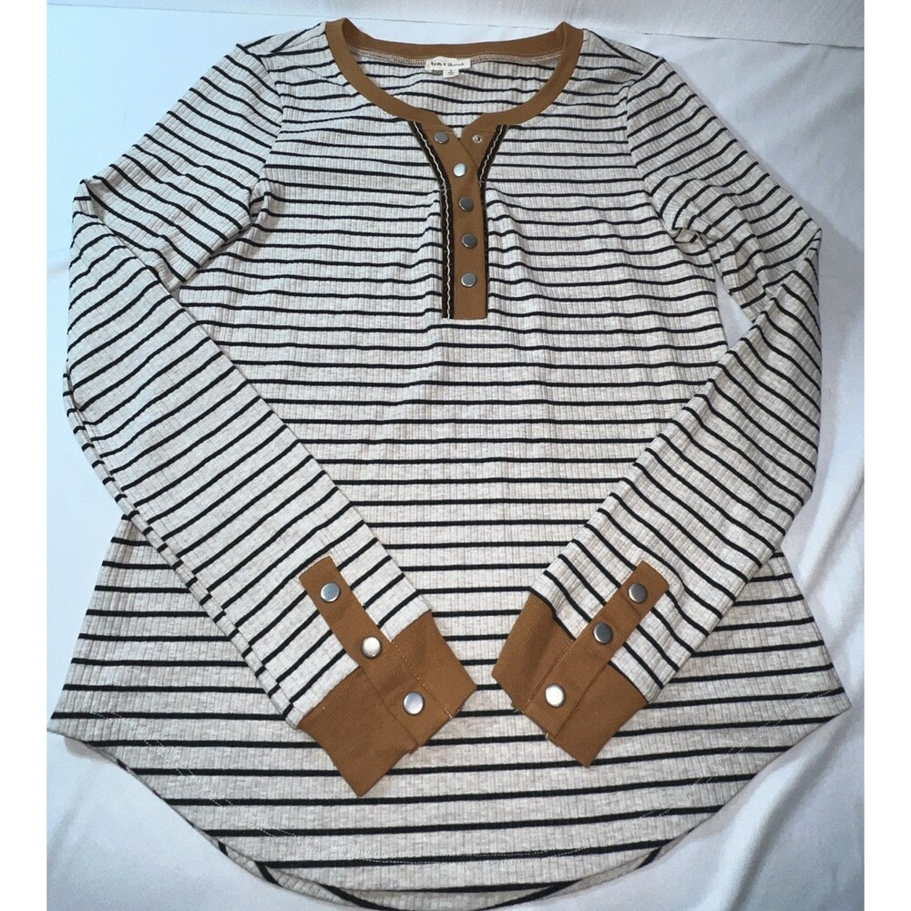 Hem &‎ Thread Women’s Striped Henley Top Size Small Brown, Cream, Navy W/ Suede